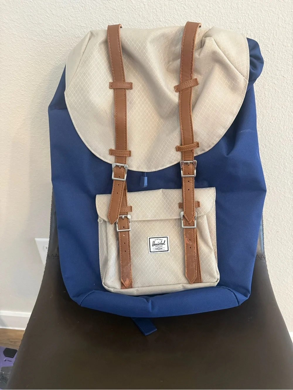 Herschel Supply Company Navy and Cream Canvas Backpack with Tan Straps